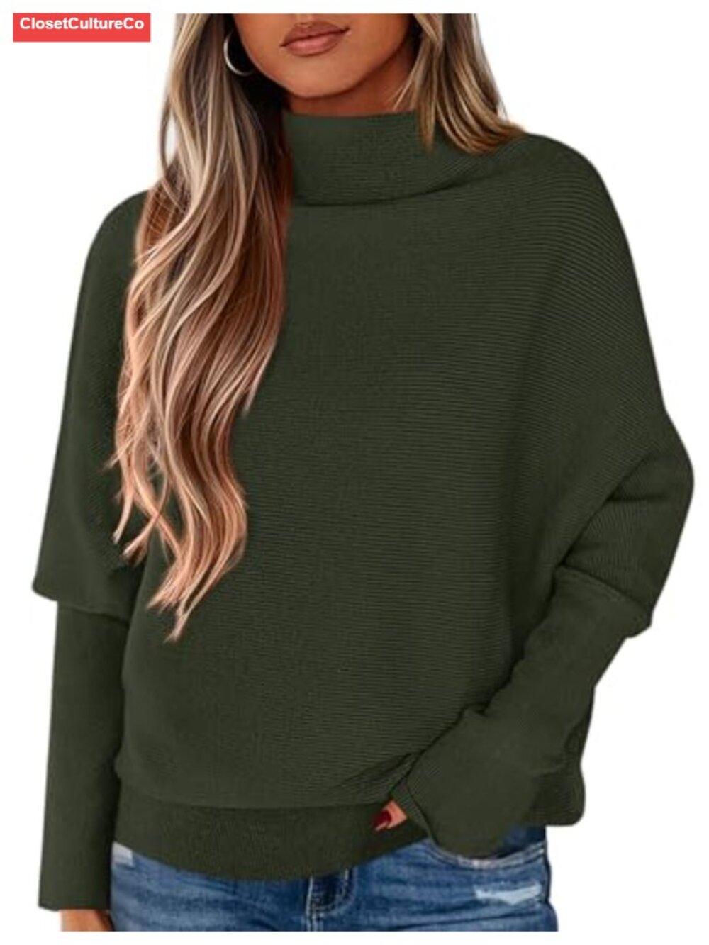 Batwing Sleeve Turtleneck Knit Pullover Sweater Loose Cozy Fall Winter